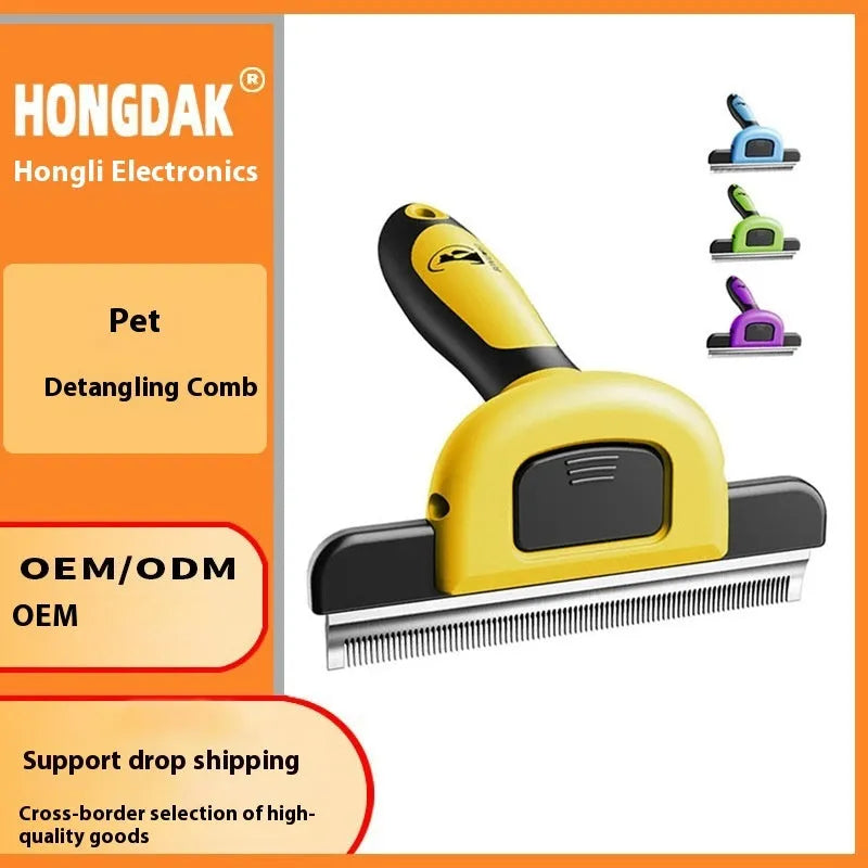 Blue and yellow dog grooming comb with stainless steel pins for hair removal and knot untying