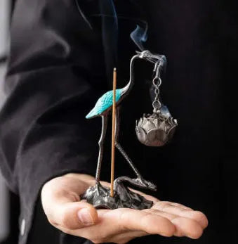 Copper alloy gourd-shaped incense burner with dragon and phoenix motifs in painted blue finish