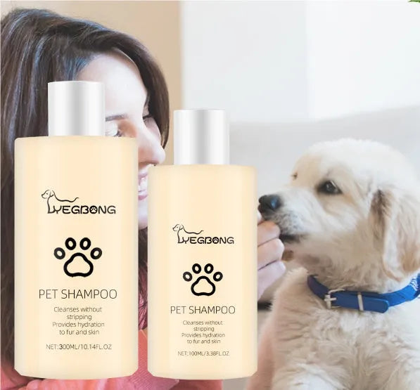 Mild pet shampoo bottle for dogs and cats in 100ml and 300ml sizes