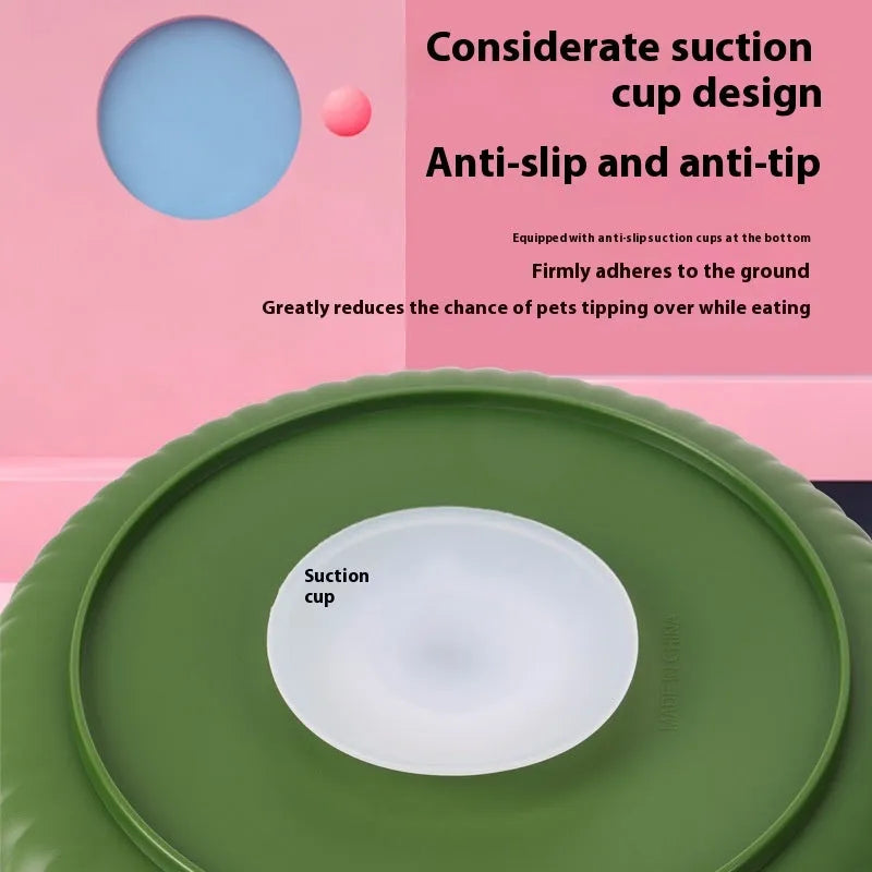 Slow feeder pet bowl with rotating game board, anti-choke silicone pad, and interchangeable licking mat in blue.