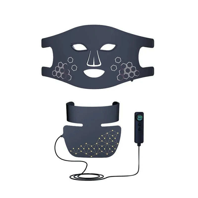Black photon beauty mask with LED lights for facial and neck treatment with adjustable gear settings