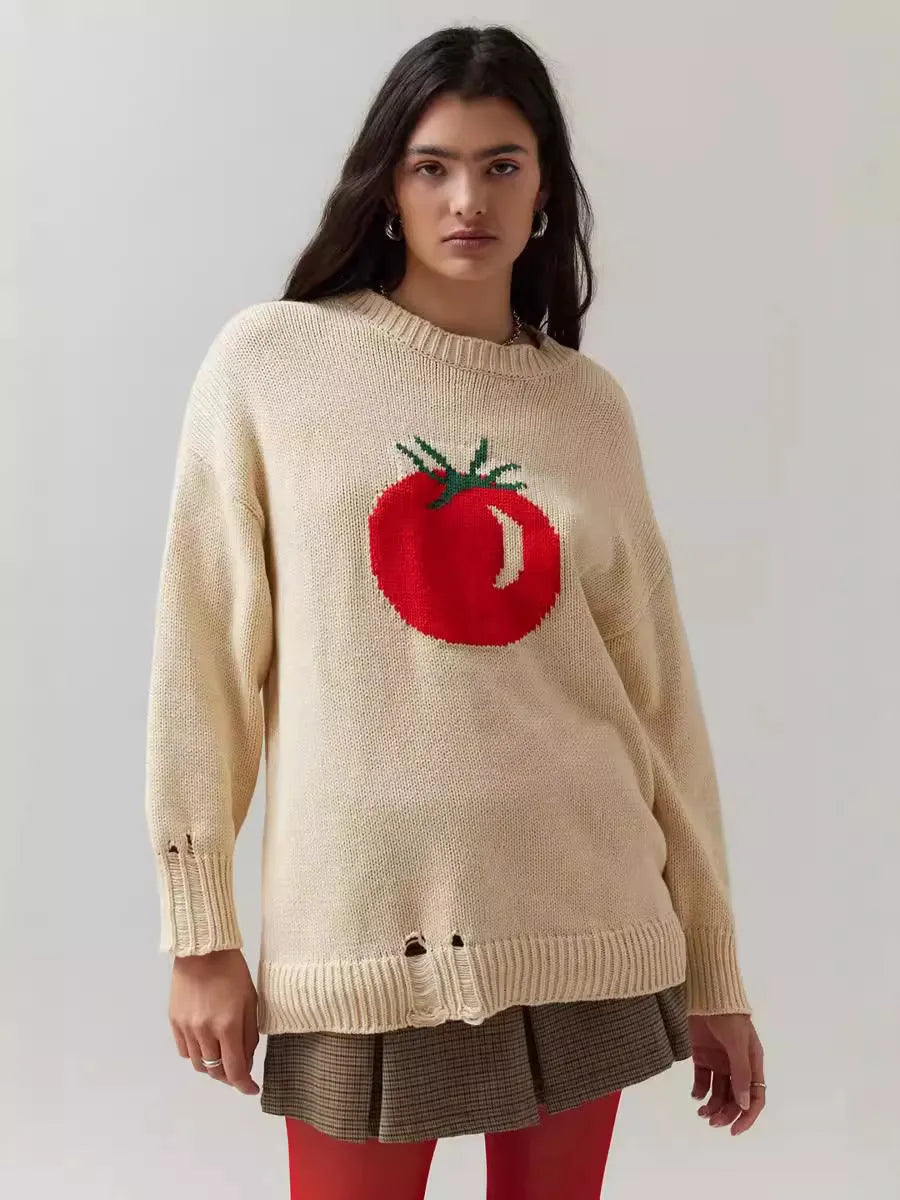 Women's loose-fitting acrylic jacquard pullover sweater in milky white with round neck and long sleeves