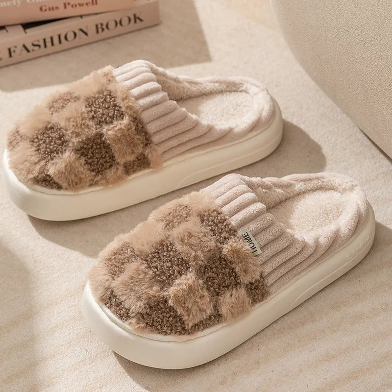 Women's plush indoor slippers with non-slip sole in coffee, green, grey, pink, or white colours