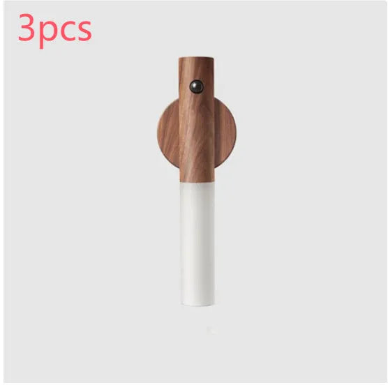 Auto LED USB magnetic wood night light with PIR motion sensor on wall, warm light