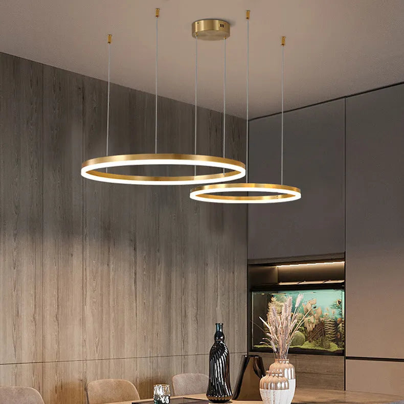 Nordic modern copper circle chandelier with acrylic panels, three circles parallel, 40CM diameter for living room