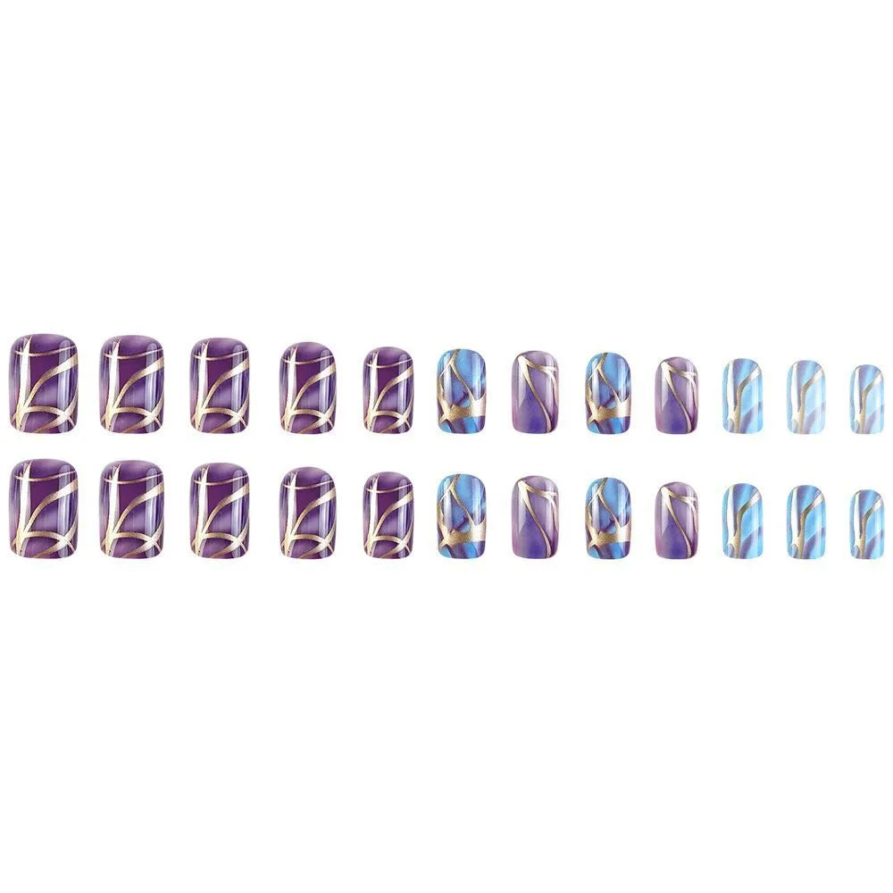 Purple striped nail stickers medium length European style with jelly glue adhesive
