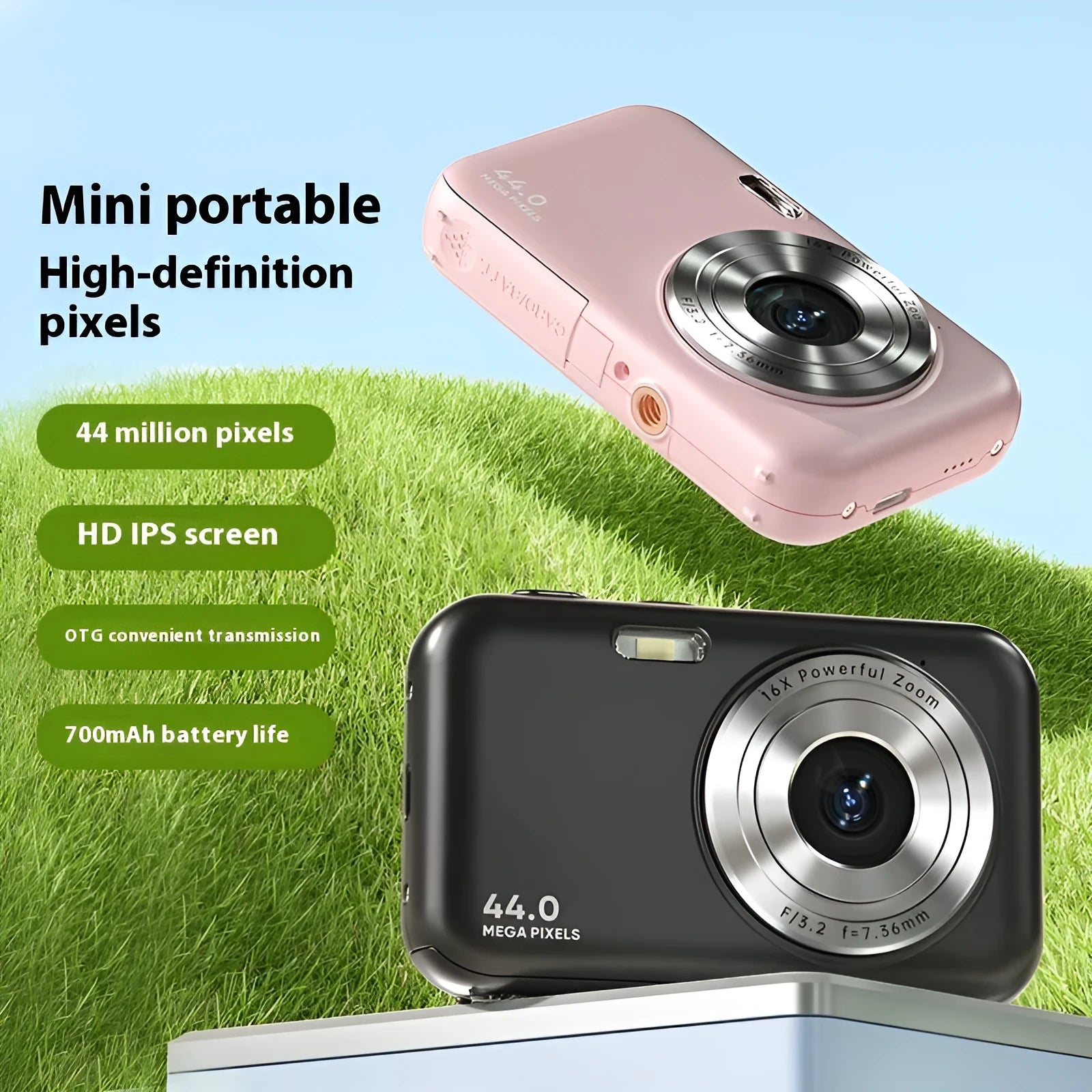 Children's digital camera in black, green, pink, or purple with 2.4-inch screen and 44MP beauty filter