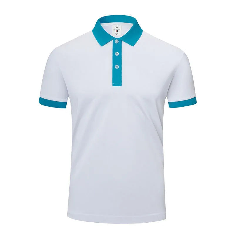 Men's and women's short sleeve lapel collar t-shirt in multiple colours on a hanger.