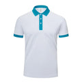 Men's and women's short sleeve lapel collar t-shirt in multiple colours on a hanger.
