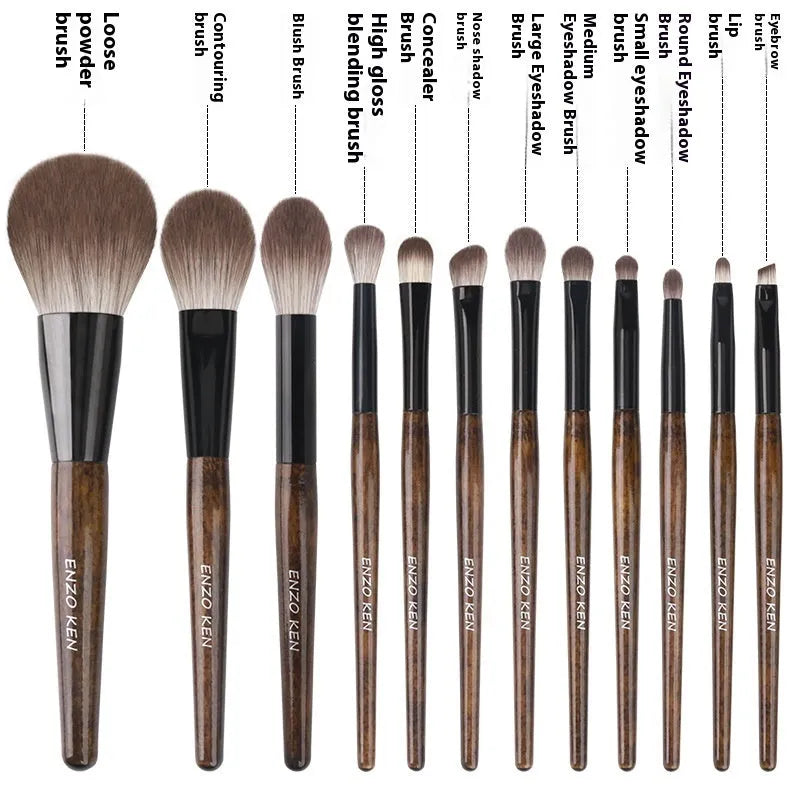 12-piece makeup brush set with wooden handles and a black PU storage bag.