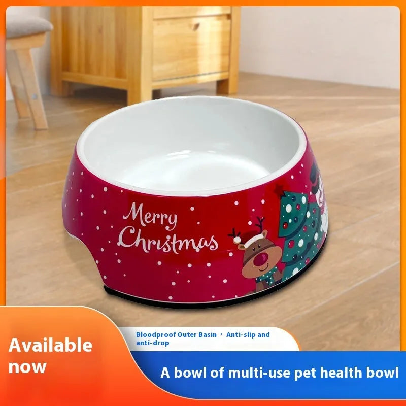 Red Christmas pet bowl with double-layer stainless steel construction in three available sizes