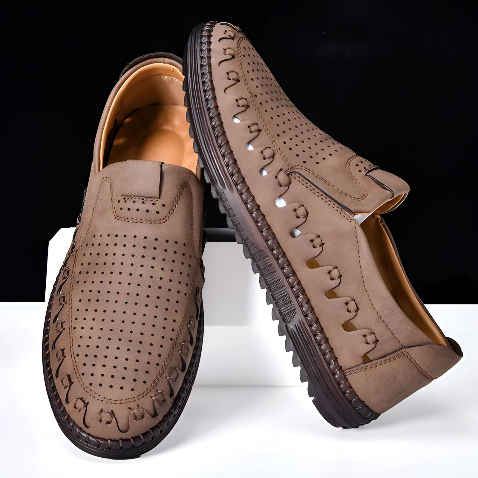 Men's brown slip-on casual shoes with round toe and low-top design for outdoor wear