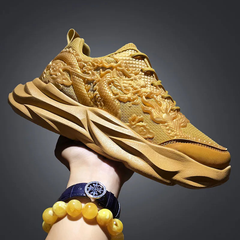 Men's casual fly knit sneakers in a Chinese dragon design with a rubber sole.
