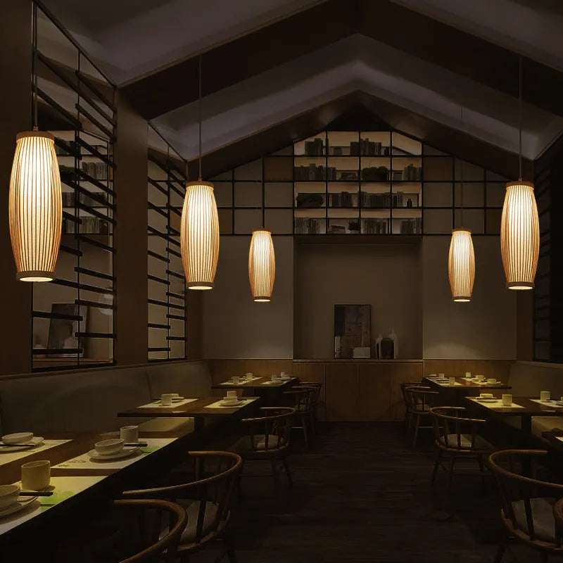 Bamboo woven dining room lantern chandelier New Chinese style with warm and white LED 300mm