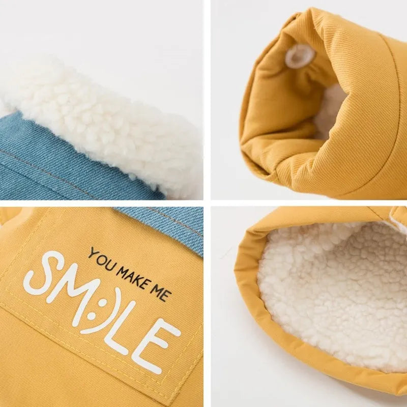 Yellow denim patchwork puppy coat with Sherpa fleece lining, waterproof and windproof, for small and medium dogs