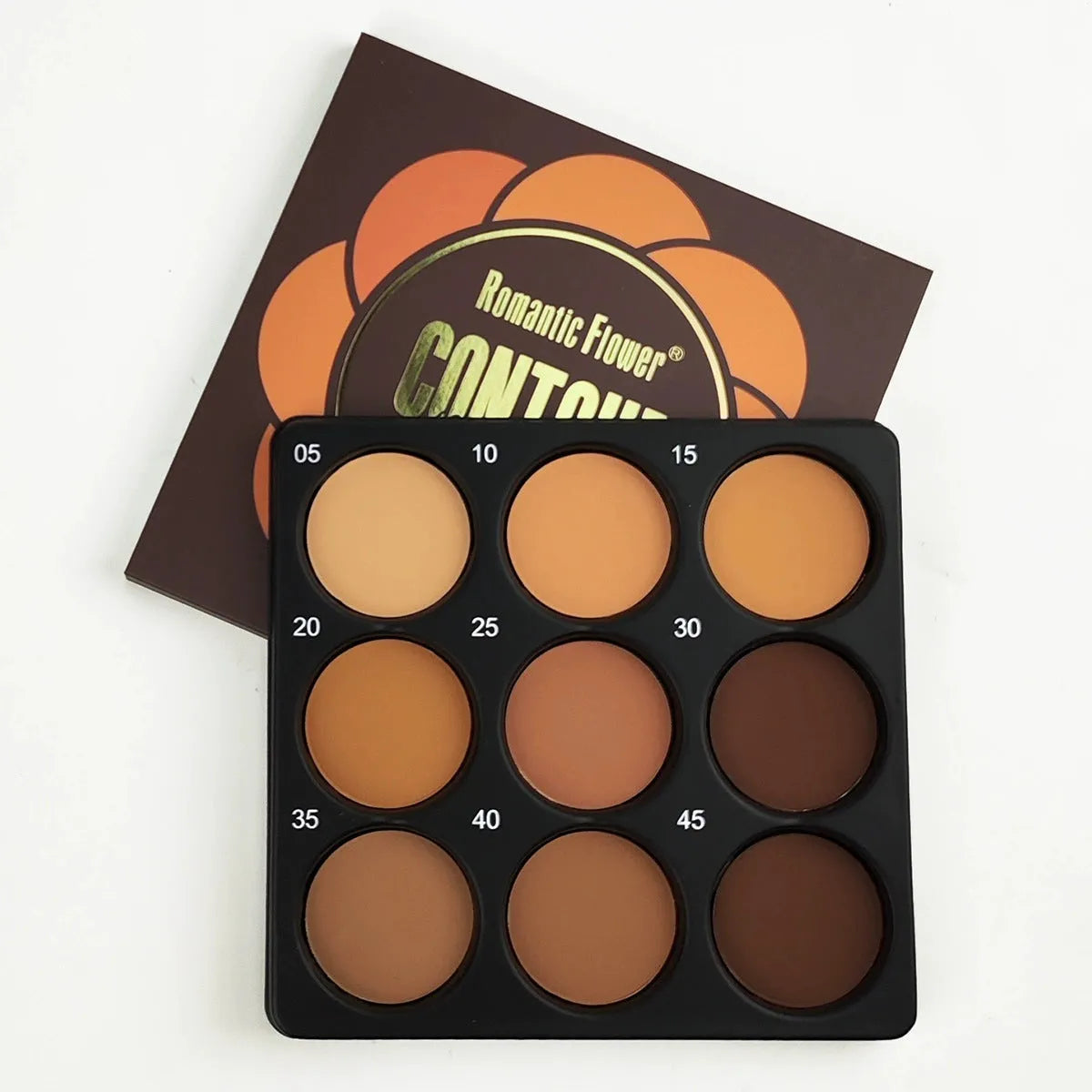 Dark matte makeup palette with 9 waterproof shades and a repair disk.