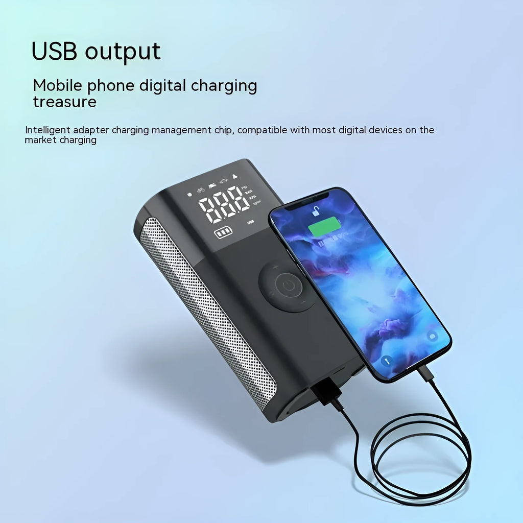 Handheld wireless digital car tyre inflator with LCD screen, made from black ABS plastic, shown with charging cable and nozzle adaptors.
