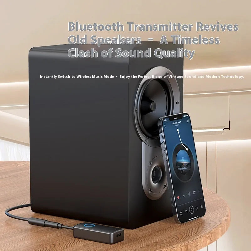 Black Bluetooth 5.4 audio adapter with flexible 3.5mm plug for wireless streaming.