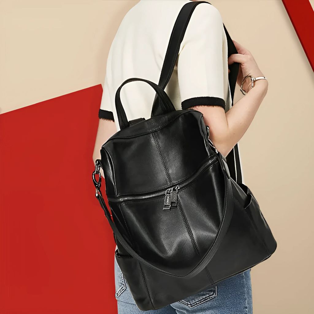 Genuine leather women's retro backpack showing multiple compartments and European-American styling