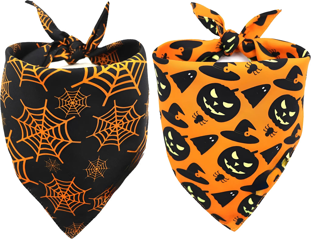 Halloween dog bandana with pumpkin and spider web patterns in black and orange colours