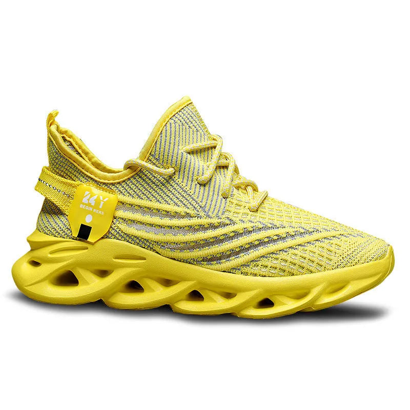 Men's blue flyknit mesh casual sneaker with foam sole and round toe on a white background.