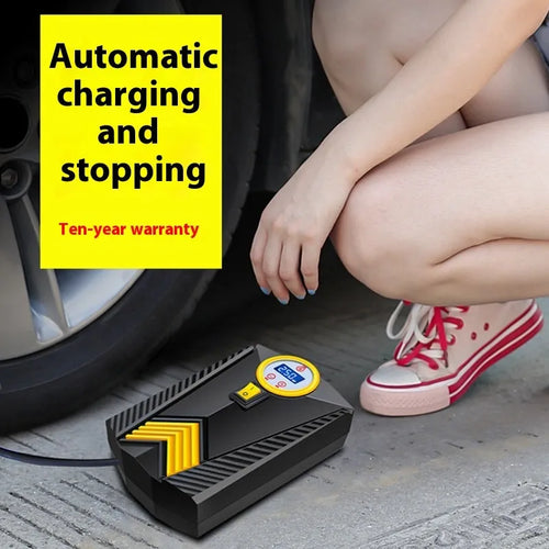 12V car inflator pump with wired pointer gauge, three nozzles, and fuse