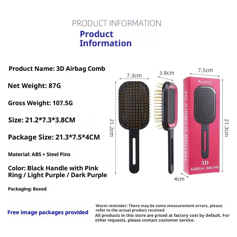 3D air cushion comb for women, ABS steel needle, over 20cm, gift box, black handle pink ring