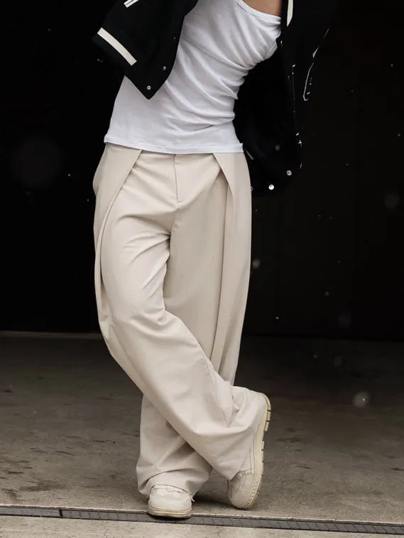 High-waisted pleated casual pants for women, beige, regular fit, full-length polyester trousers