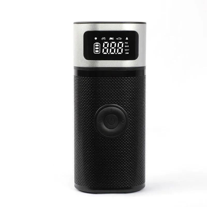 Black portable wireless air pump with 15cm tube, multiple nozzles, and storage bag