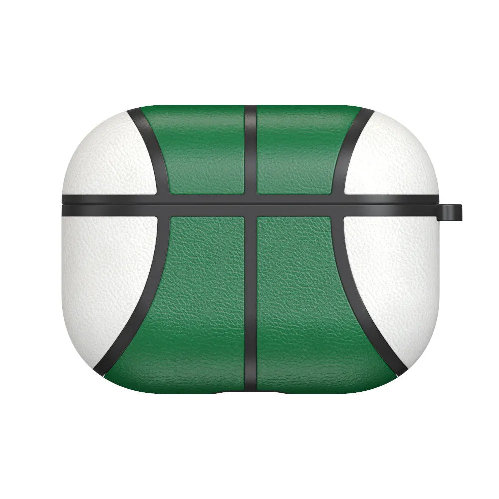 Basketball headphone case with handmade leather-style veneer finish and TPU flip cover for Apple AirPods Pro, showing nine colour style options