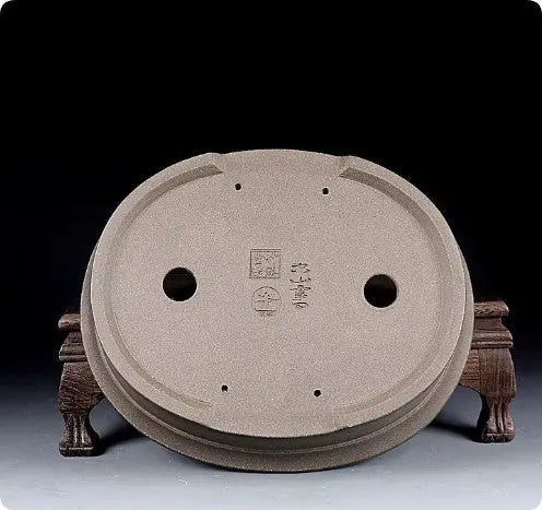 Handmade antique oval purple sand ceramic bonsai pot, 25cm long by 21cm wide.