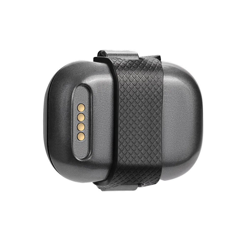 Black pet GPS locator with hanging rope for attachment to dog or cat collars