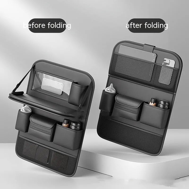 Leather car seat storage bag with foldable dining table in black colour