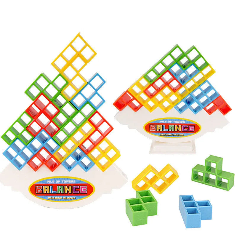 Plastic balance stacking tower game with coloured blocks on a base for kids and adults