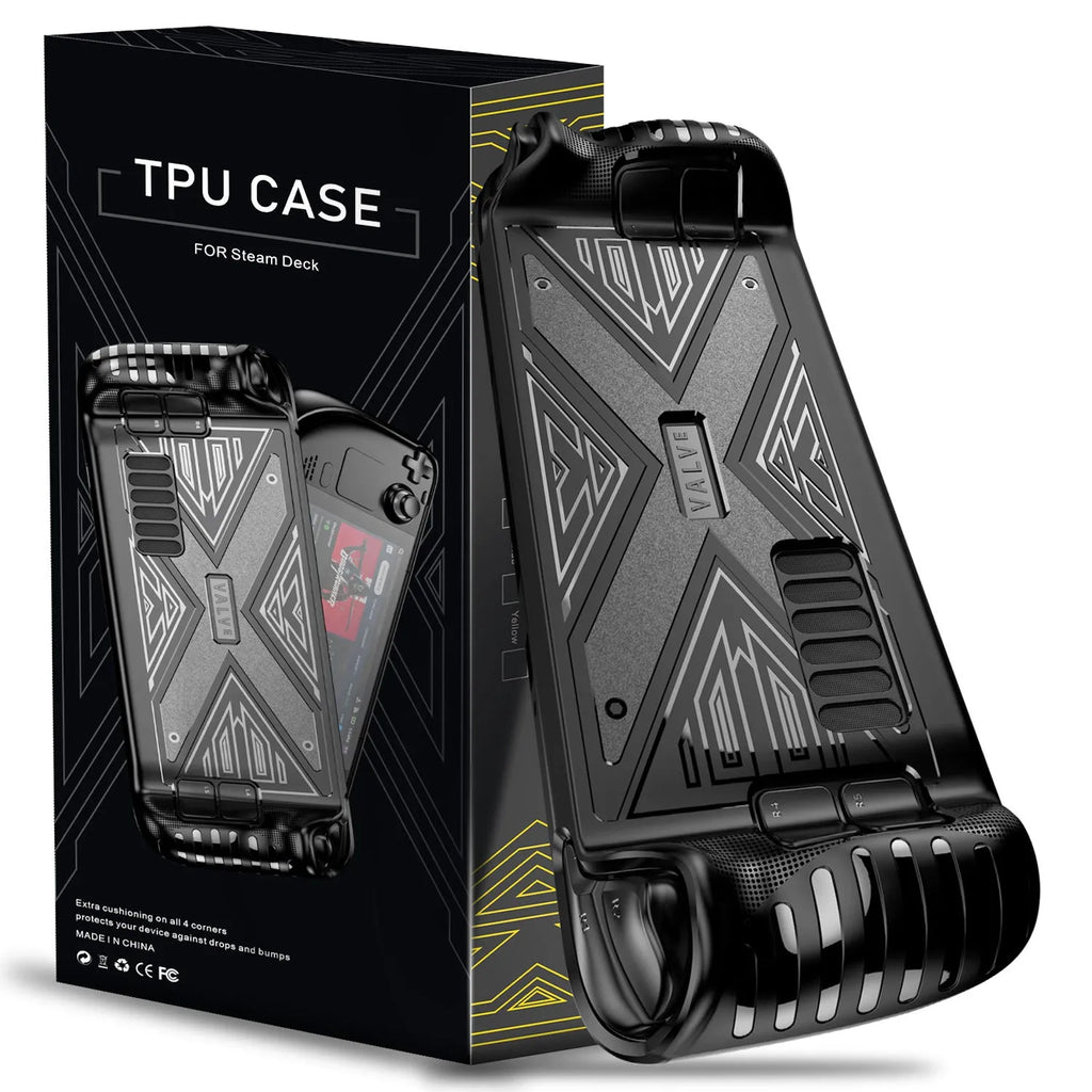 Red TPU silicone soft protective case for a Steam Deck handheld game console.