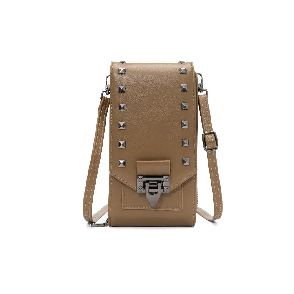 Rivet design solid colour PU leather crossbody bag for women, vertical square shape with cover closure and card slot