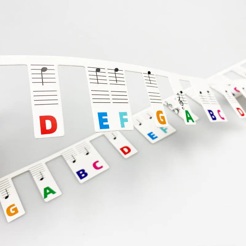 88 key piano keyboard stickers with colour note bars and black notes on white card material
