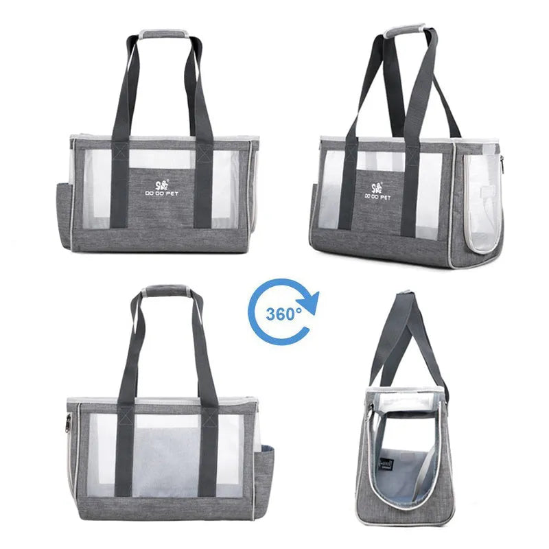 Pet carrier backpack in grey Oxford cloth with breathable mesh panels, large capacity for small dogs or cats