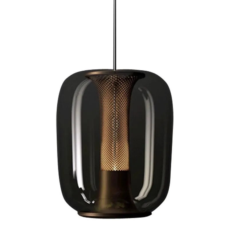 Minimalist Nordic chandelier light fitting in clear, cognac, or smoky grey colour measuring 16cm diameter by 20cm height