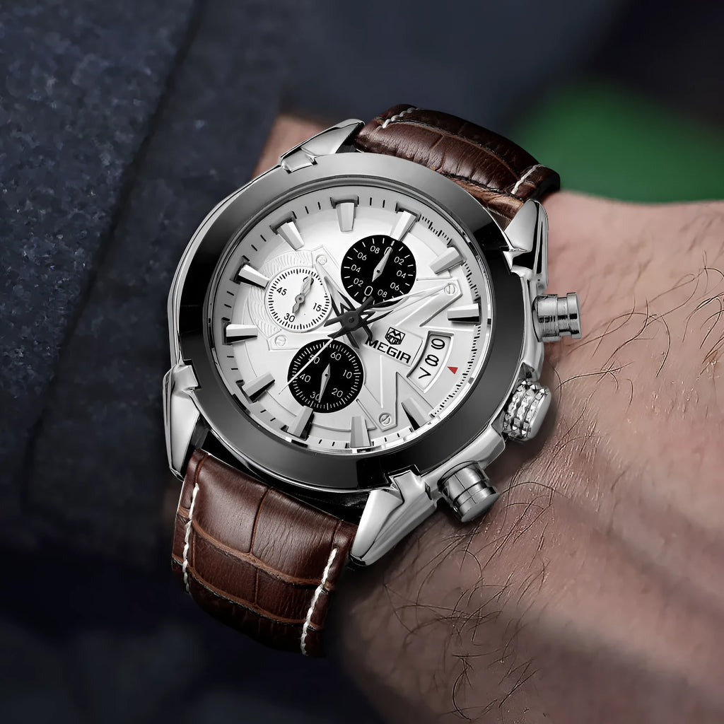 Men's multifunctional quartz watch with three subdials and luminous hands in black or brown colour options