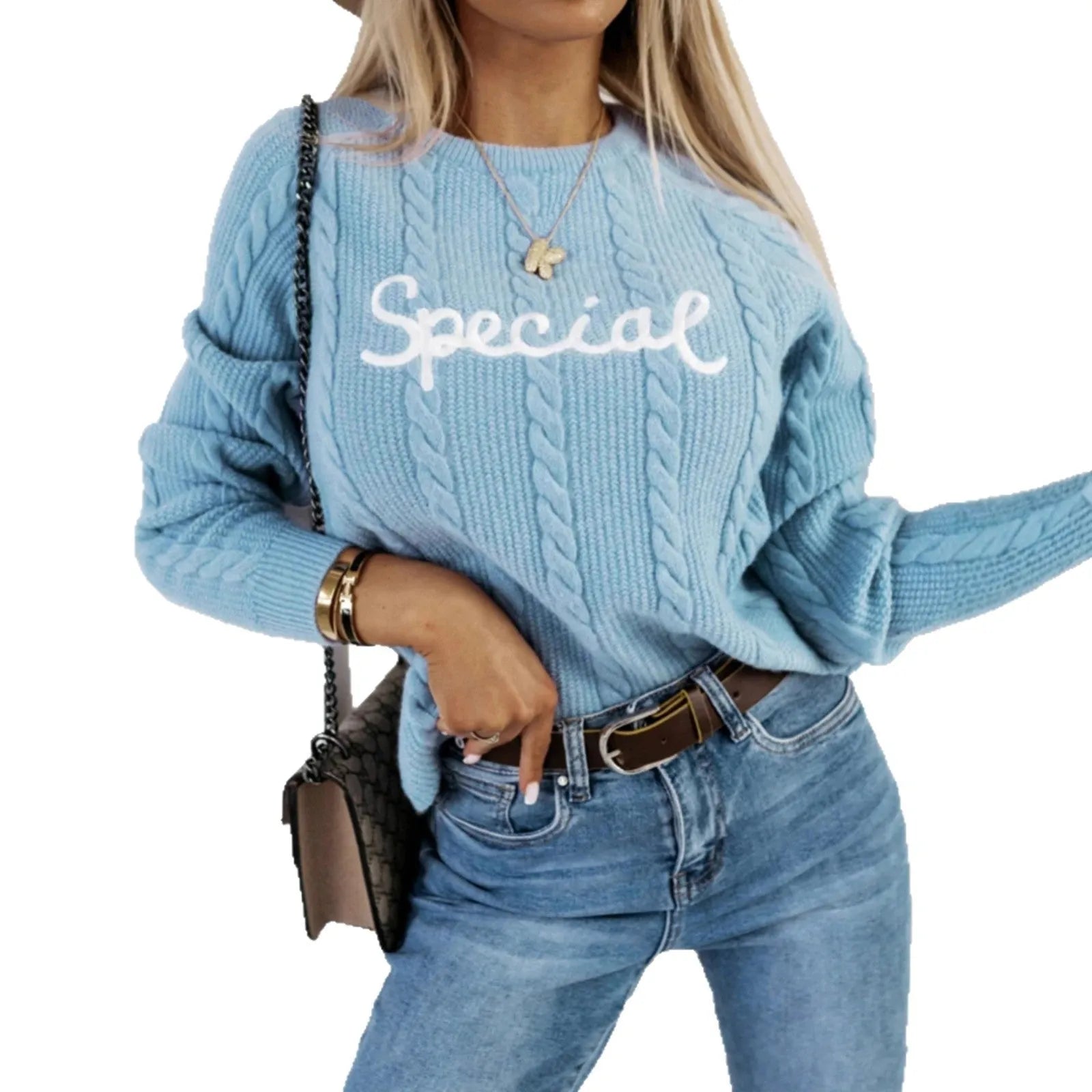 Blue crew neck knitwear pullover sweater with embroidered white letter and text patterns on the front