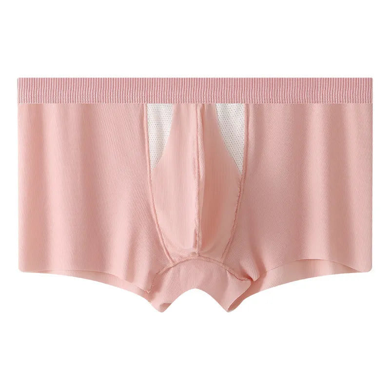 Men's black ice silk double-layer underwear shorts on a grey background.