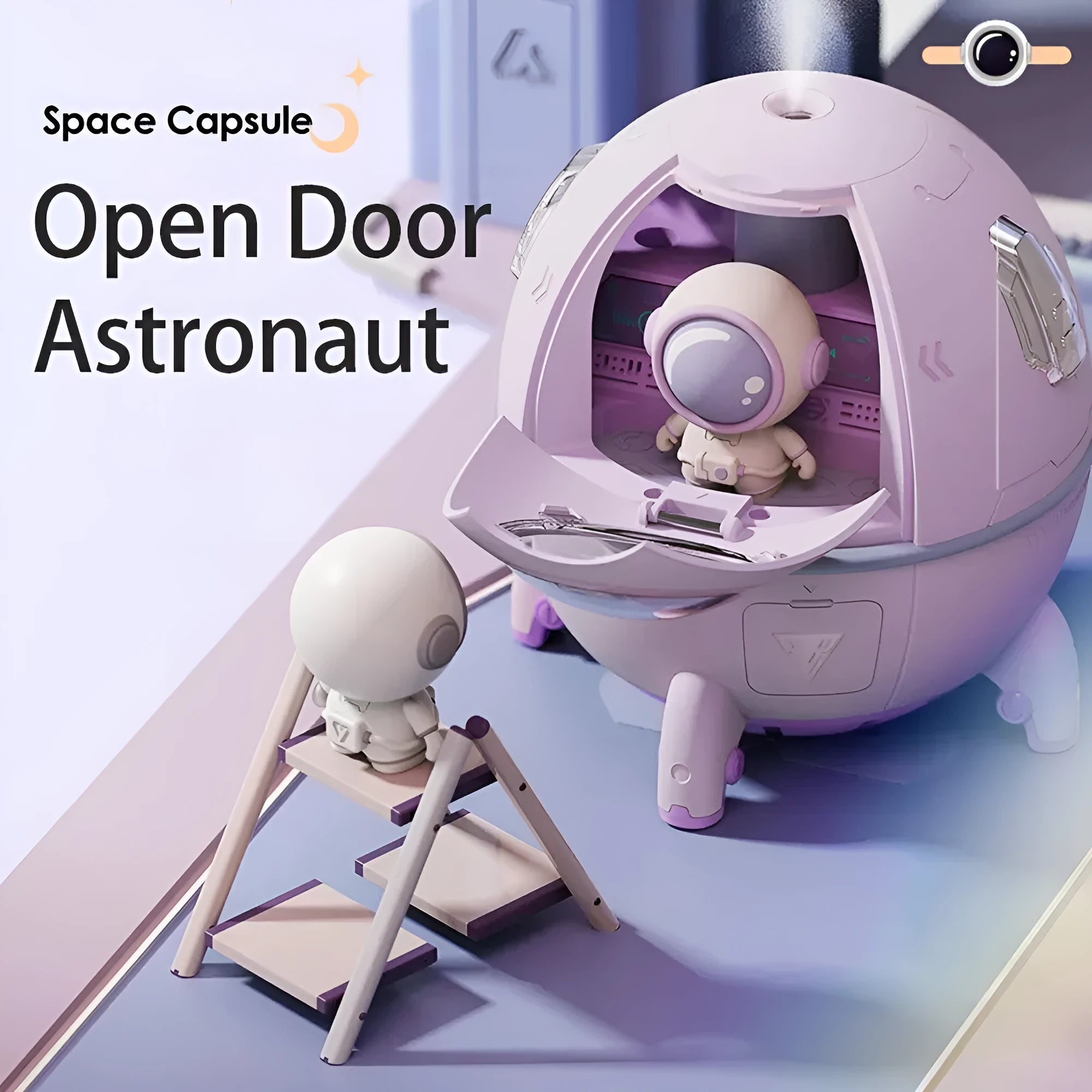 Light purple astronaut-shaped desktop humidifier with LED lights and USB cable