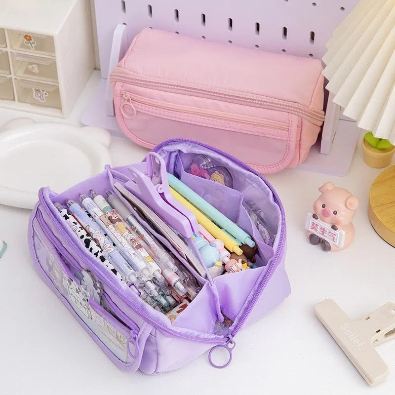 Korean style canvas pencil case with ten-layer flip design shown in various colours