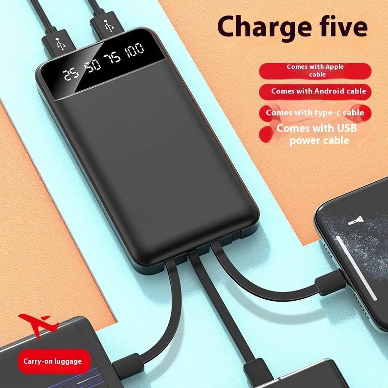 20000 mAh black power bank with charging cable showing compact portable design