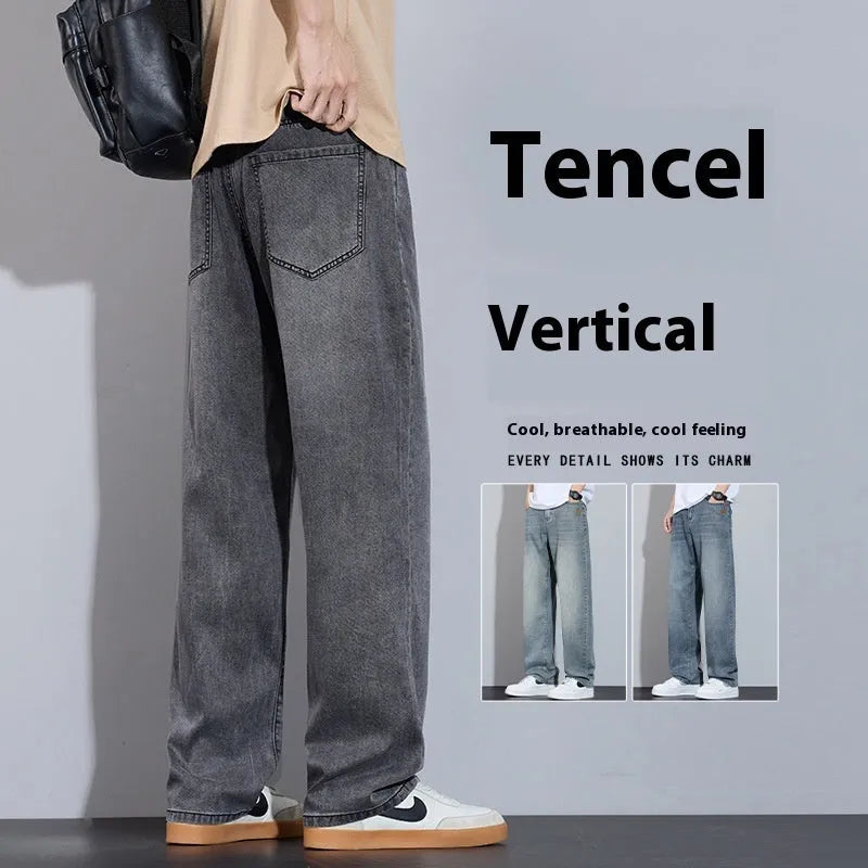 Men's straight leg trousers in ice silk denim with wide leg silhouette showing zip fly detail