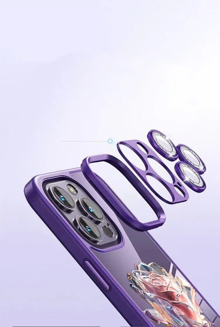 Dark Purple Fairy Rose TPU iPhone case with sparkling pink lens film for camera protection