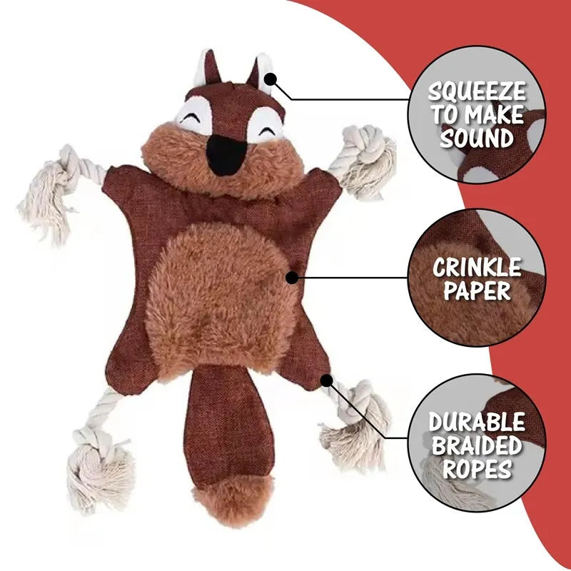 Set of six plush dog toys shaped like fox, squirrel, koala, monkey, rabbit, and tiger with squeakers