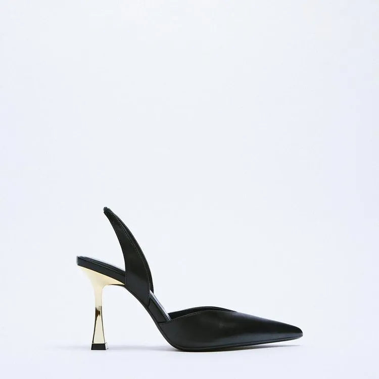Women's patent leather pointed high heels in apricot nude and black with shallow-cut vamp