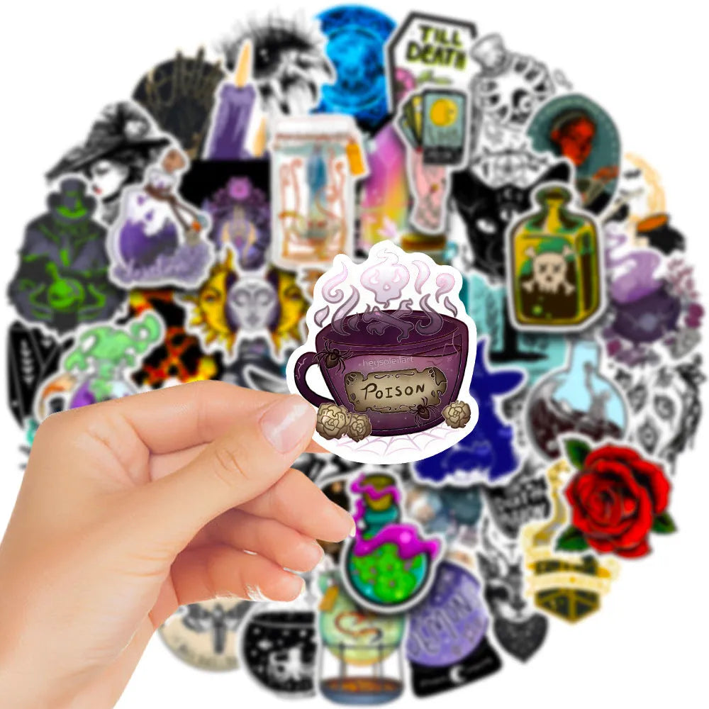 Pack of 50 colourful waterproof PVC vinyl stickers for laptops and skateboards on a smooth surface